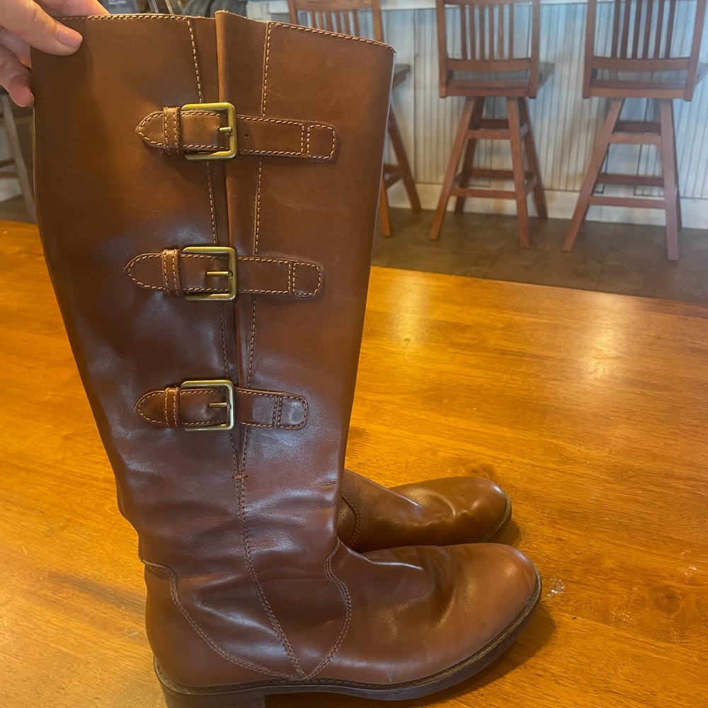Ecco Hobart Tall Riding Boots Women's 7.5/8 Size 38 Brown Leather  Zip 3 Buckle